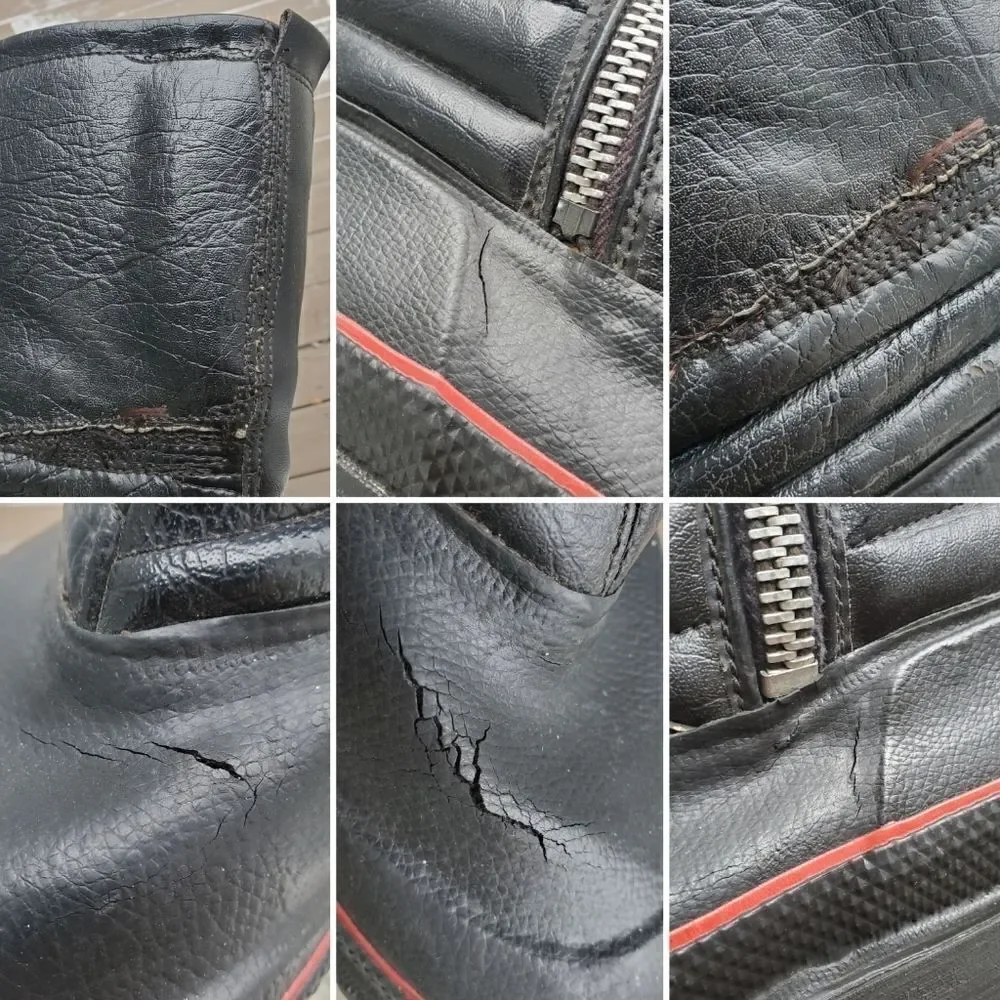 Vintage 80s Scorpion Snowmobile Boots Black Leather Red Stripe Grunge Distressed